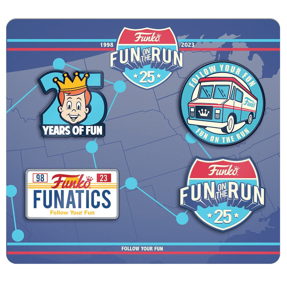 Funko promotional items including logos and graphics on a blue background