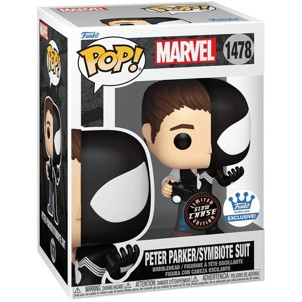 Funko Pop! Marvel Peter Parker/Symbiote Suit figure packaging with Marvel logo.